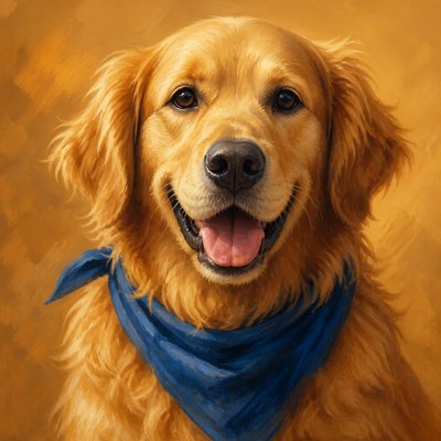 portrait of a golden retriever wearing a blue bandana, warm plain backdrop, no text