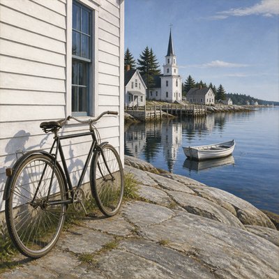 bicyle resting against a wall — New England Maritime Art Style