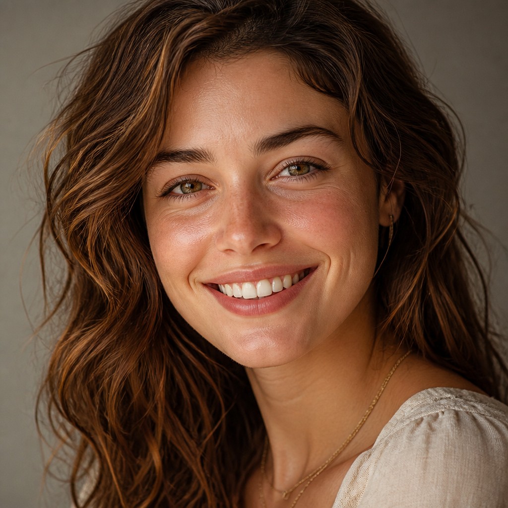 head-and-shoulders portrait of an original character: a young woman with wavy chestnut hair and a warm smile, plain soft backdrop