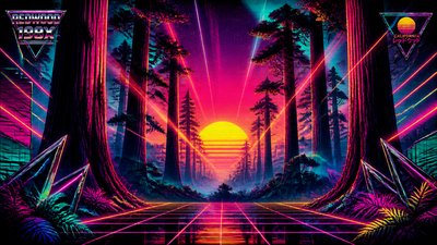 a panoramic redwood forest with light rays through mist, no people