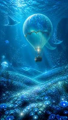 a hot air balloon drifting over rolling flower fields on a sunny day, cheerful, no text