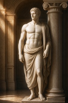 a statue of a man standing next to a pillar