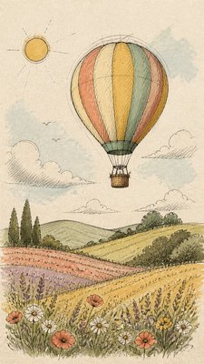 a hot air balloon drifting over rolling flower fields on a sunny day, cheerful, no text