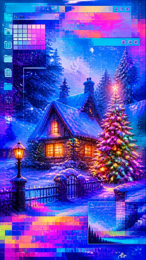 a snow-covered cottage with warm glowing windows beside a decorated pine tree, gentle snowfall, no text
