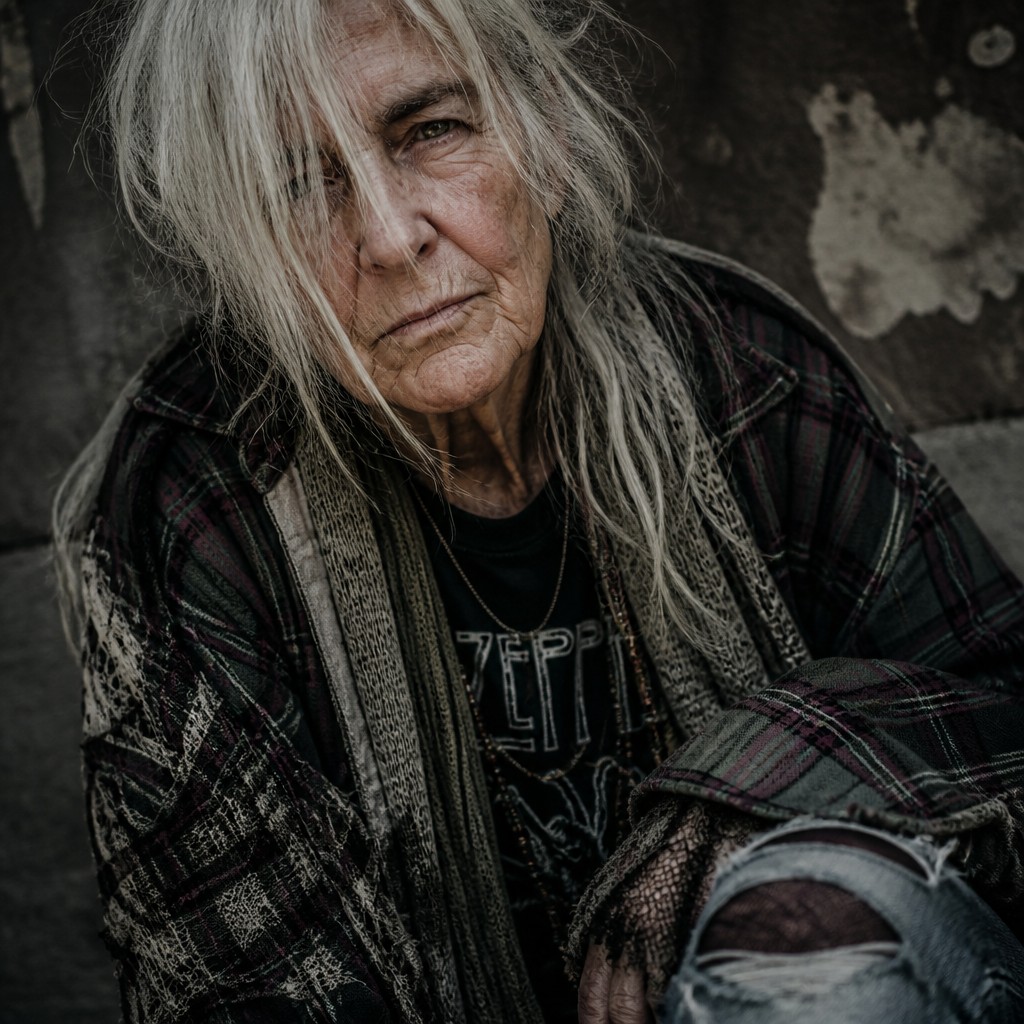 close-up portrait of an elderly person with expressive weathered features — Grunge Fashion Style