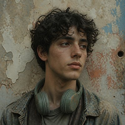 head-and-shoulders portrait of an original character: a young man with curly dark hair and headphones around his neck, plain backdrop, no text
