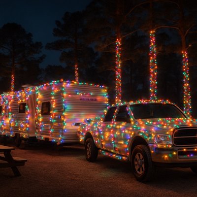 A night-time wide shot of a 33ft Sunset Creek bumper-pull travel trailer parked at a Texas campsite. Next to it, a white 2002 Dodge Ram 2500 pickup truck is parked in the gravel drive. Both the trailer and the truck are draped in an extreme, "off the charts" amount of glowing multi-colored Christmas lights. In the background, tall long-needle pine trees are also wrapped in twinkling lights. A wooden picnic table and a small Starlink Mini dish are visible on the campsite ground. Clear night sky, warm southern atmosphere, no snow, ultra-detailed, cinematic lighting, 8k resolution.