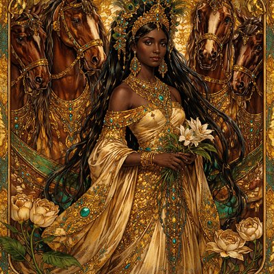 I have compared thee, O my love, to a company of horses in Pharaoh's chariots. 
(Song of Solomon 1:9 KJV) The woman in the scripture contextually is black

 in the style of Gustav Klimt,shimmering gold patterns,"elaborate symbolic designs,symbolic and allegorical composition, holding to ancient fashion and modesty
