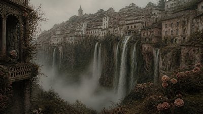 a cliffside city with waterfalls cascading into a misty canyon, wide establishing shot, no people, no text