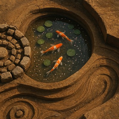 A koi pond seen from above, orange and white koi fish swimming among lily pads, clear water with subtle ripples, fallen cherry blossom petals floating on the surface, dappled sunlight