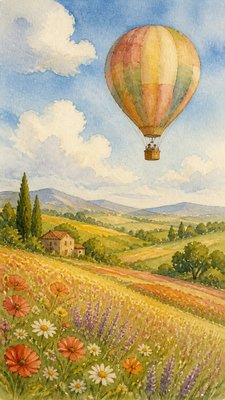 a hot air balloon drifting over rolling flower fields on a sunny day, cheerful, no text