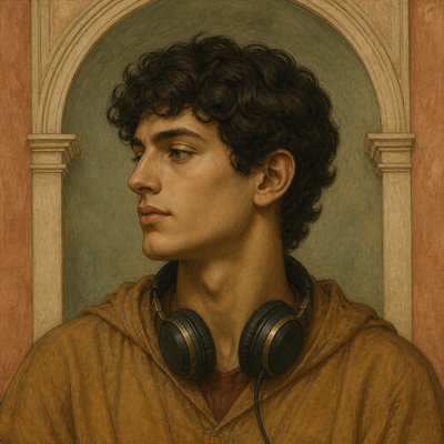 head-and-shoulders portrait of an original character: a young man with curly dark hair and headphones around his neck, plain backdrop, no text
