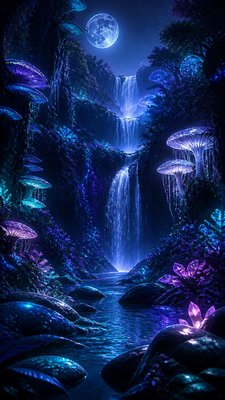 a cascading waterfall in a lush green gorge, no people