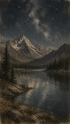 a tranquil mountain lake beneath a starry night sky, no people, no text