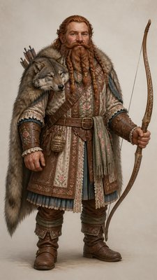full-body original character: a dwarven ranger with a braided auburn beard, worn leather armor, a longbow and a wolf-pelt cloak, neutral background, no text