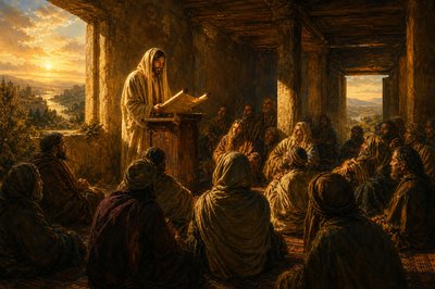 a painting of a man standing in front of a group of people