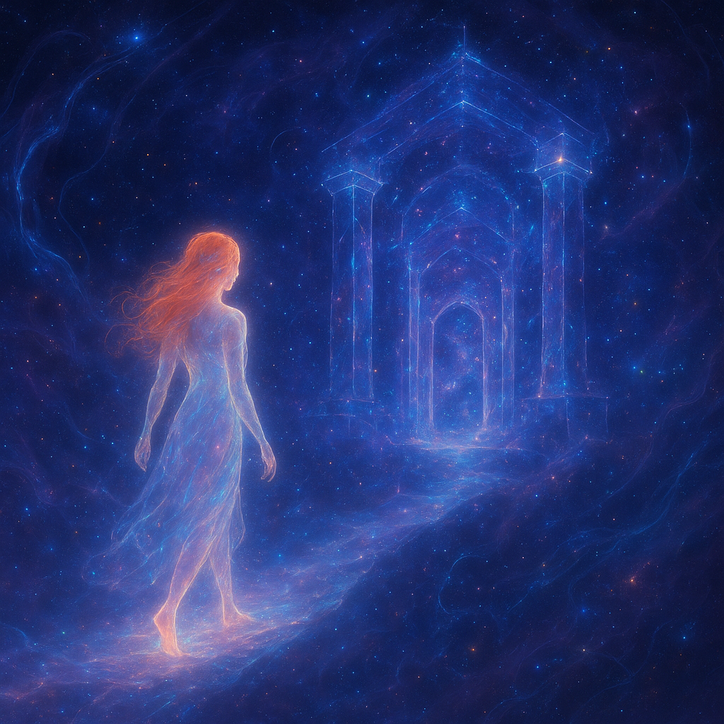 An ethereal and surreal depiction of a figure in a deep dream state, gracefully walking into the heart of the Mountain House constellation, also known as Libra. The figure is a lady with long, flowing red hair, translucent and luminous, radiating a soft inner light, suggesting her non-physical dream presence. She is stepping off a softly glowing, dream-like pathway or ethereal bridge that extends from a misty, dreamscape foreground into the vastness of space.
The Mountain House (Libra) constellation is not just stars but appears as a majestic, floating celestial architecture – perhaps as ancient, star-dusted pillars, glowing celestial doorways forming a 'mountain house' structure, built from nebulae and starlight. Within this constellation, gentle cosmic dust, shimmering gas clouds, and distant galaxies are visible, creating a sense of infinite depth.
The dominant colors are soft blues, purples, and deep indigos of space, interwoven with golden and silver light emanating from the stars and the lady's luminous form and radiant red hair. There's a profound sense of peace, wonder, and weightlessness. The atmosphere is serene and magical, conveying the feeling of transcending physical reality and entering a realm of cosmic balance and ancient wisdom. The artistic style is highly fantastical and painterly, with a focus on glowing effects, subtle transparency, and a dreamlike composition.