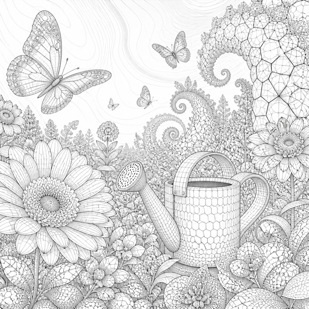 a garden scene with butterflies, flowers and a watering can, clean uncolored line art, no text