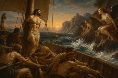 ancient greek ignudi Odysseus tied to mast with Sirens and rowers steering the ship through crashing waves