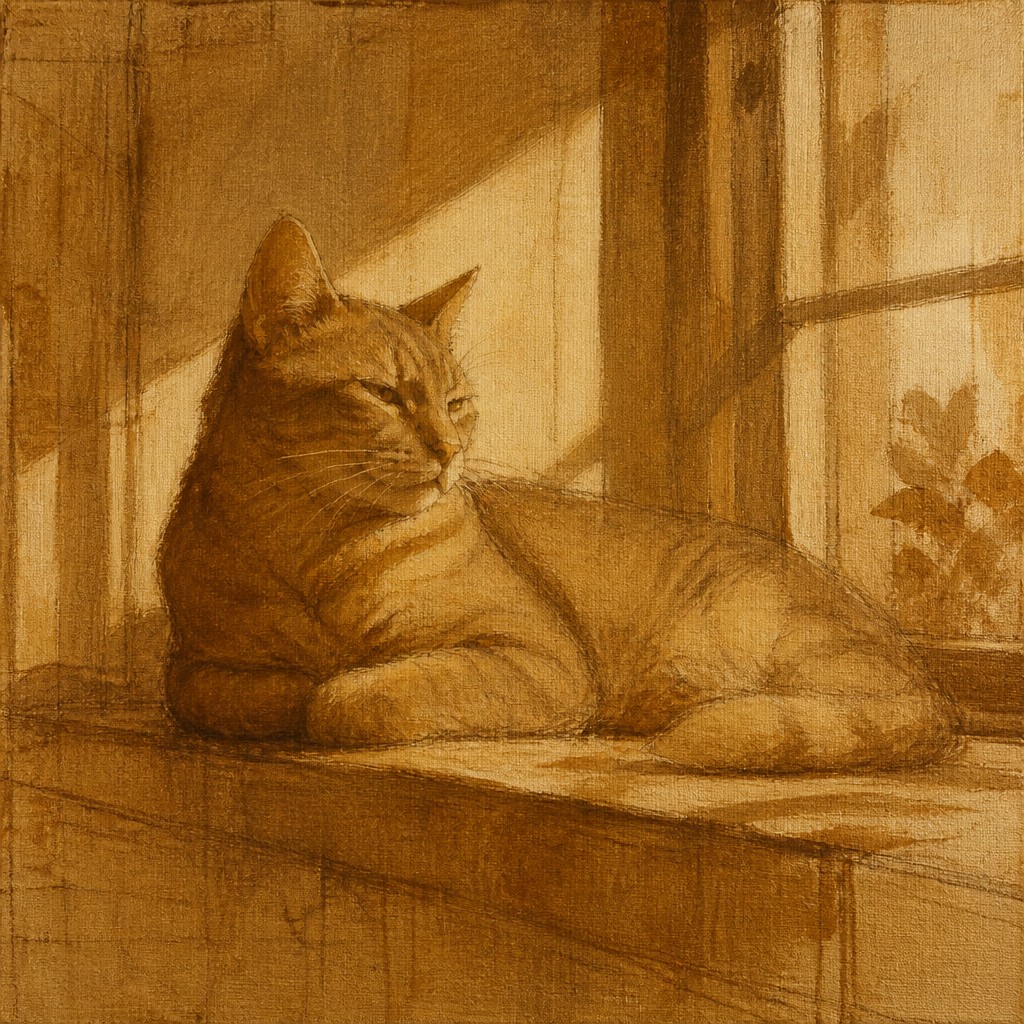 a cat lounging in a sunlit window — Classical Underpainting Style