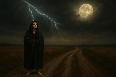 a woman standing on a dirt road under a full moon