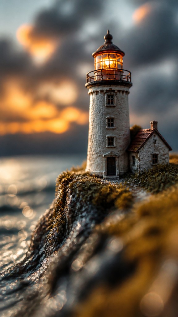 a lone lighthouse on a cliff at dusk under a dramatic sky, no text or lettering