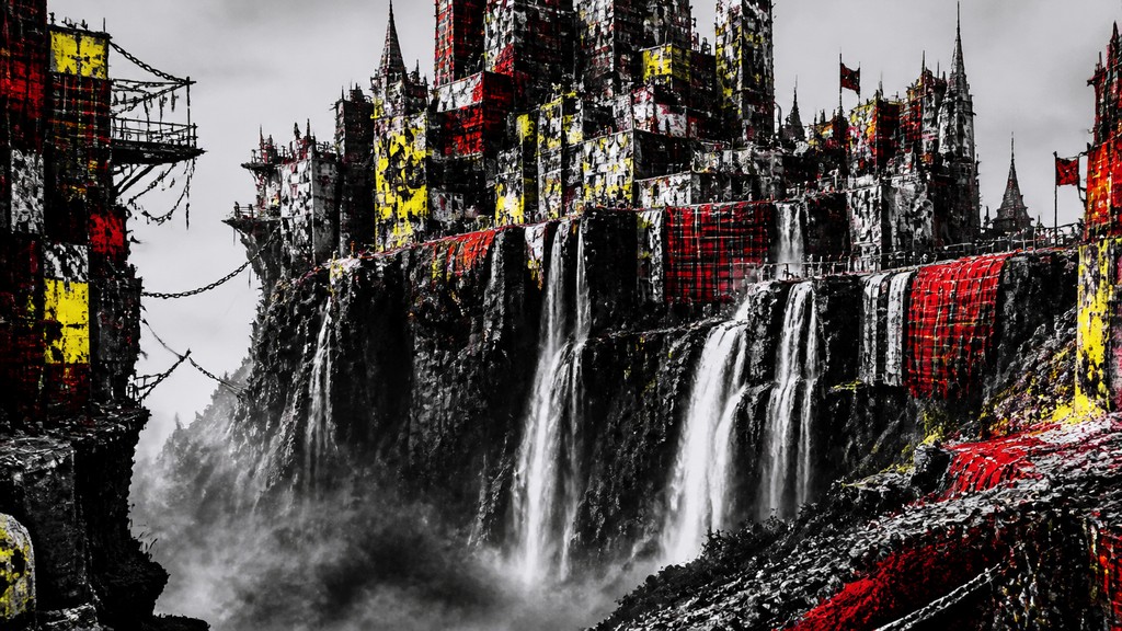 a cliffside city with waterfalls cascading into a misty canyon, wide establishing shot, no people, no text