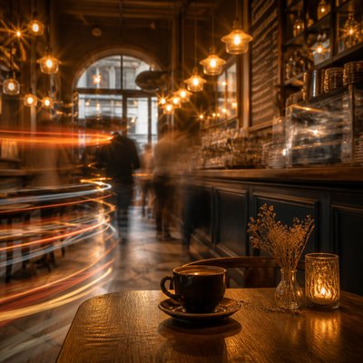 cozy cafe interior with warm lighting