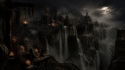 a cliffside city with waterfalls cascading into a misty canyon, wide establishing shot, no people, no text