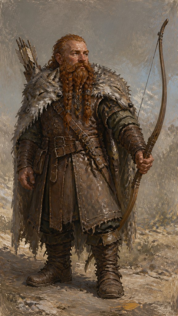 full-body original character: a dwarven ranger with a braided auburn beard, worn leather armor, a longbow and a wolf-pelt cloak, neutral background, no text