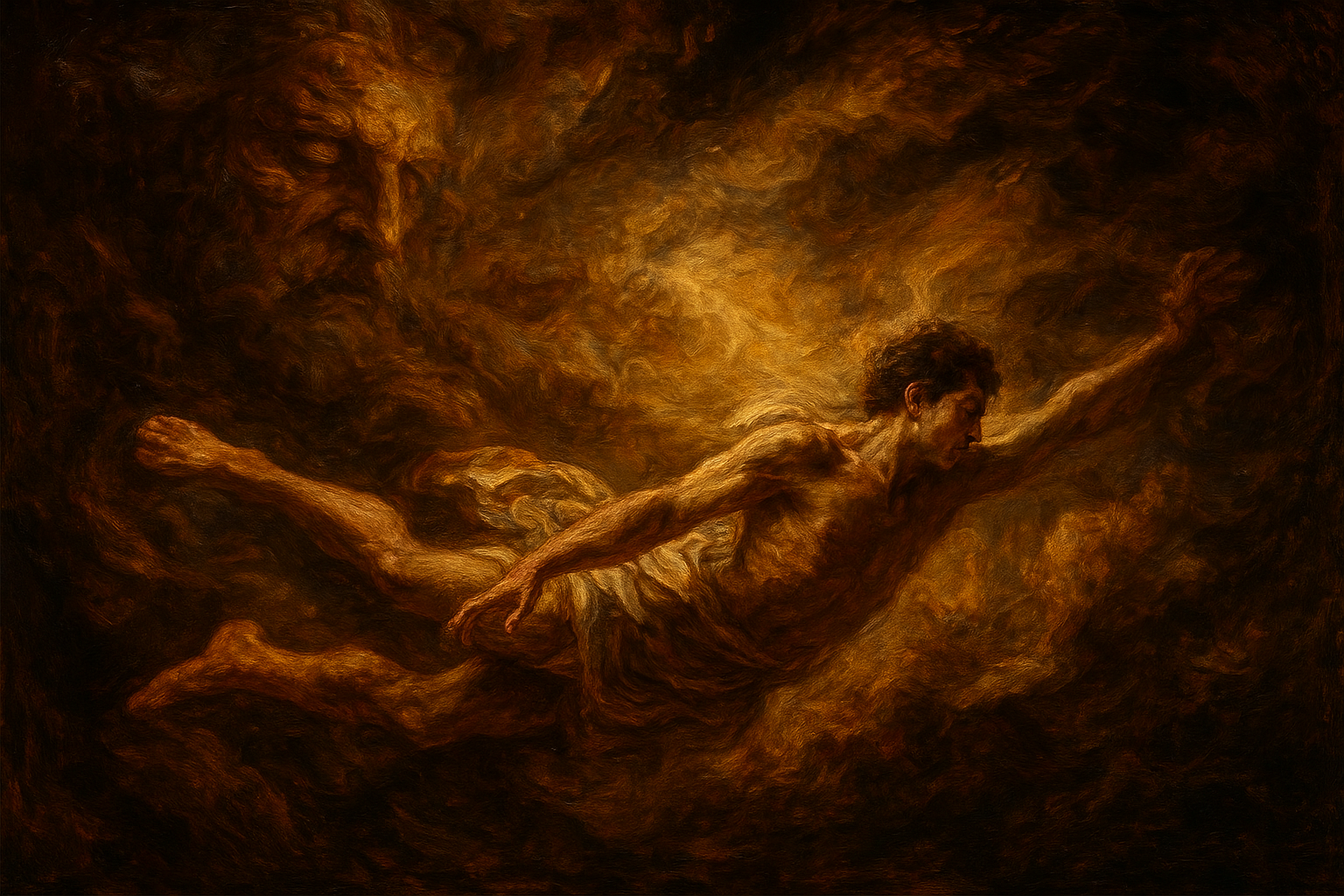 a painting of a man floating in the air