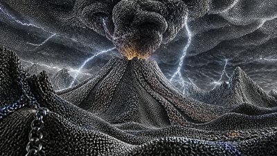 an erupting volcano with lightning strikes, dramatic wide composition, no text