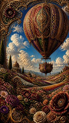a hot air balloon drifting over rolling flower fields on a sunny day, cheerful, no text