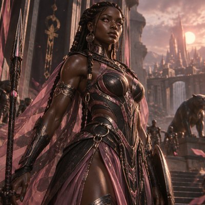 Je veux que tu me fasses une guerriere, tres modern avec une armure moderne genre full rose noir argenté sombre et voileen soie transparent mais juste un peu si besoin mais elle une armure, le voile c’est juste histoire de rajouter du tissu sans manche on voit ses muscle et des cheveux tressées et brun et elle a des yeux rose orangé brillant, on dirait presque une deesse de l’ afrique ancien avec l’ethnie noir