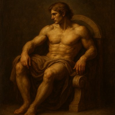 a painting of a man sitting in a chair