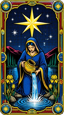 a robed figure pouring water beneath a large eight-pointed star in a night sky, symmetrical composition with an ornate decorative border, no text