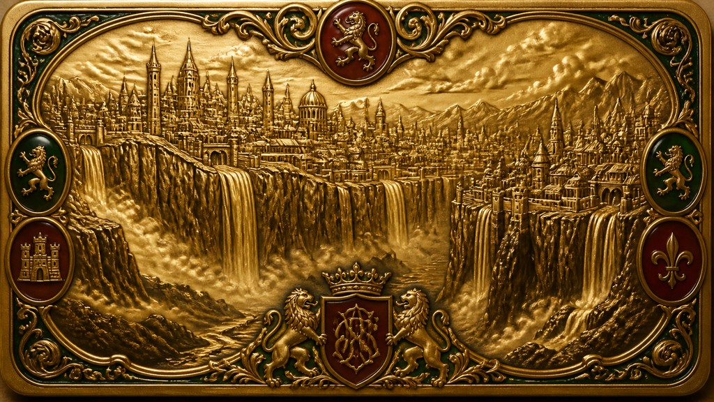 a cliffside city with waterfalls cascading into a misty canyon, wide establishing shot, no people, no text