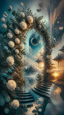 an arch of white roses and eucalyptus in soft morning light, elegant vertical composition with open space, no text