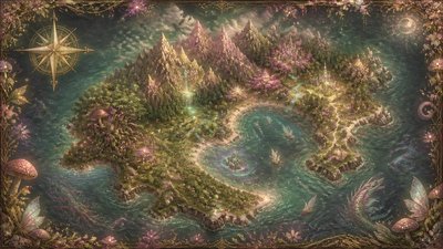 a map of an island realm with mountains, forests, a sheltered bay, sea monsters in the water and a compass rose, no text labels