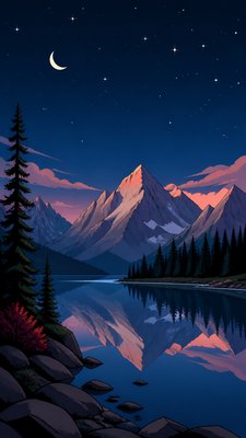 a tranquil mountain lake beneath a starry night sky, no people, no text