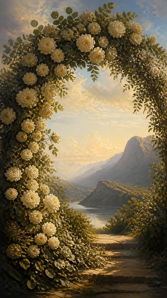 an arch of white roses and eucalyptus in soft morning light, elegant vertical composition with open space, no text