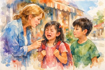 An outdoor scene on a street in town.  A White Mom with her two Asian (Chinese-looking) children are standing in front of a store. Mom is talking to the girl, who is making a fuss.  She is unhappy about something, and crying.  Her brother is looking on.  Mom is about to say something.