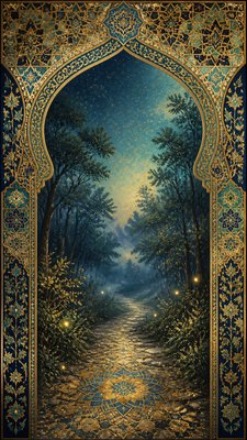 a mysterious forest path with fireflies and drifting mist, atmospheric vertical composition with open space at the top, no text