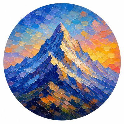 an emblem of a mountain peak inside a circle, simple bold shapes on a plain background, no text or lettering