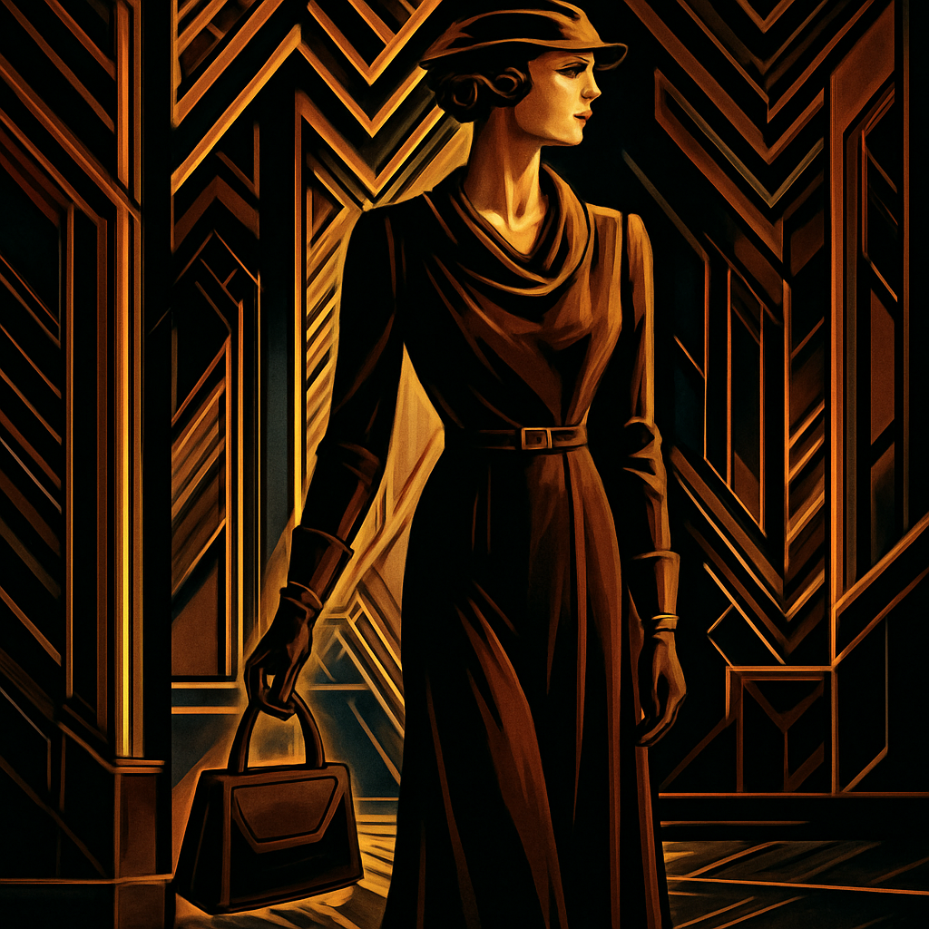 "A fashionable woman dressed in sophisticated, modest 1930s Great Depression era style, embodying an Art Deco aesthetic. She wears an elegant, tailored day dress or a chic suit-dress made of fine wool crepe or flowing rayon. The dress features a sleek, elongated silhouette with a defined natural waist, often belted. Details include a soft cowl neck or a demure V-neck with subtle draping, and perhaps gently puffed or structured sleeves. The hemline is at a modest mid-calf length, possibly with soft pleating or subtle flare. Her hair is styled in sculpted finger waves, and she wears a small, stylish cloche or tilted hat. She holds an elegant, tailored handbag and wears matching gloves. The setting is a refined Art Deco interior, perhaps a classy hotel lobby or a stylish office, with geometric patterns and warm, indirect lighting. The overall mood is one of poise, understated sophistication, and timeless chic."