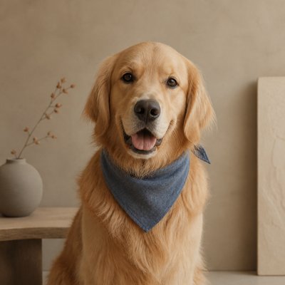 portrait of a golden retriever wearing a blue bandana, warm plain backdrop, no text