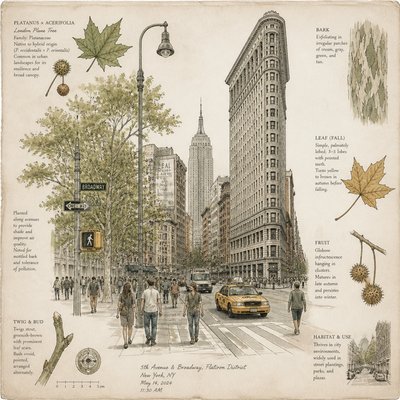 urban street with city activity — Traditional Botanical Still Life Art Style