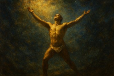 a painting of a man with his arms outstretched