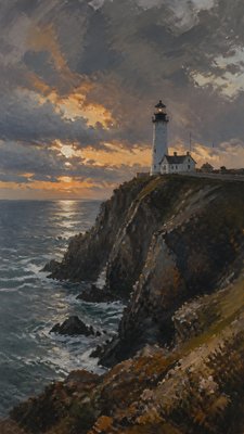 a lone lighthouse on a cliff at dusk under a dramatic sky, no text or lettering