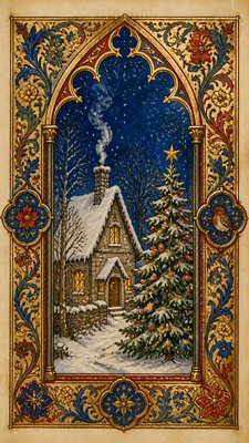 a snow-covered cottage with warm glowing windows beside a decorated pine tree, gentle snowfall, no text